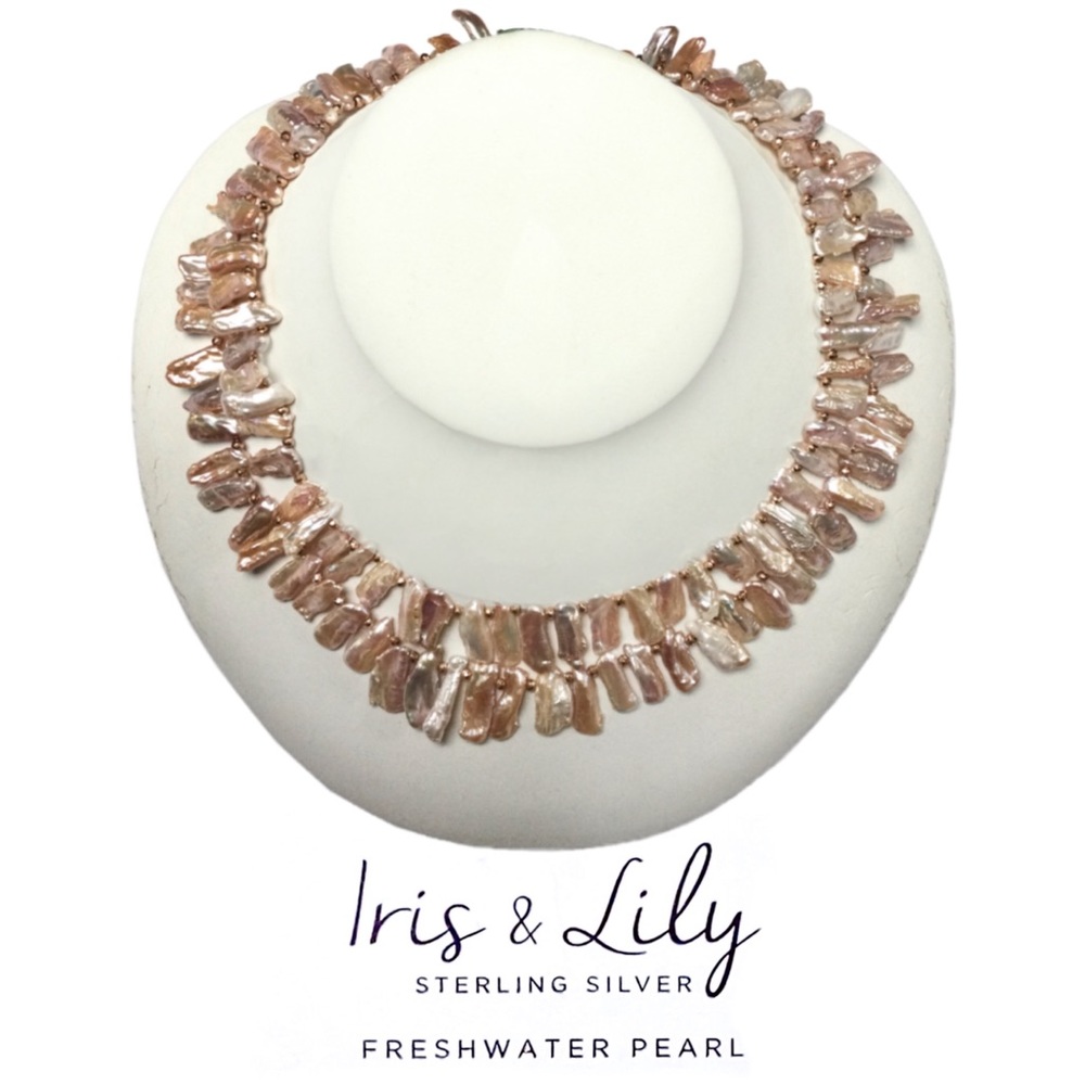 Double Strand Freshwater Pearl Necklace w/ 14K Rose Gold-Pinks/Peach/Silvery NWT